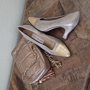 Vintage Evan Picone Metallic Leather Pumps & Quilted Leather Crossbody Bag Lot